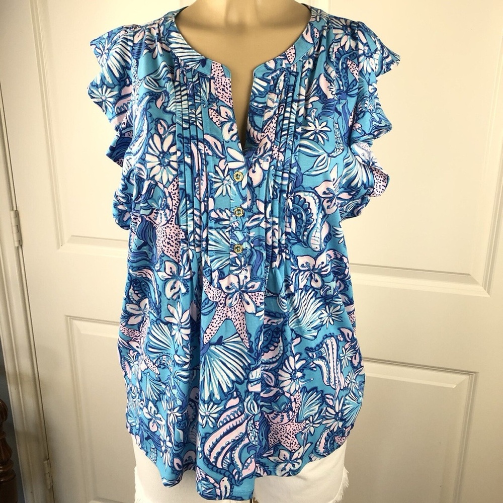 NWT Lilly Pulitzer Blue Pink Floral Shell-Print Ruffle Sleeve Golda Top